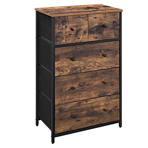 SONGMICS Drawer Dresser, Storage Dresser Tower with 5 Fabric Drawers, Wooden Front and Top,5 Drawers Style Dresser Unit, for Living Room, Hallway, Nursery, Brown and Black ULGS45H