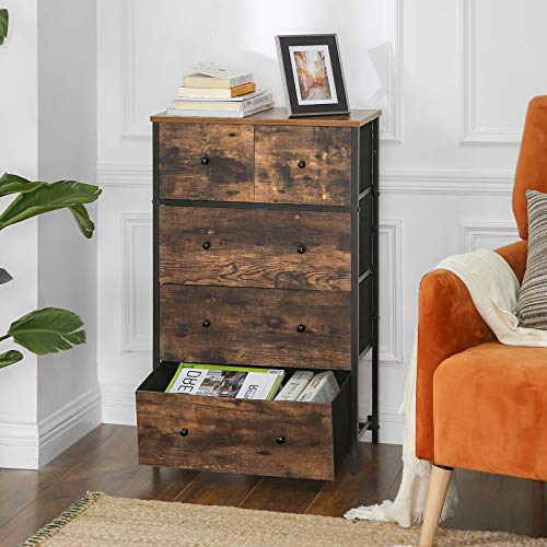 SONGMICS Drawer Dresser, Storage Dresser Tower with 5 Fabric Drawers, Wooden Front and Top,5 Drawers Style Dresser Unit, for Living Room, Hallway, Nursery, Brown and Black ULGS45H