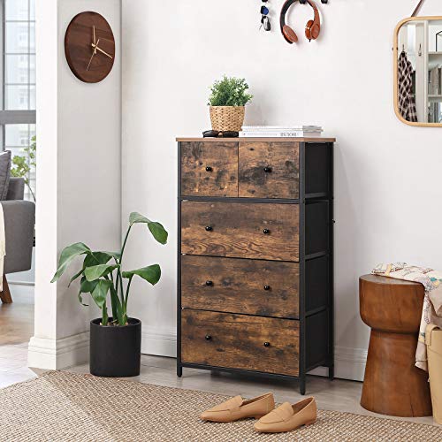 SONGMICS Drawer Dresser, Storage Dresser Tower with 5 Fabric Drawers, Wooden Front and Top,5 Drawers Style Dresser Unit, for Living Room, Hallway, Nursery, Brown and Black ULGS45H