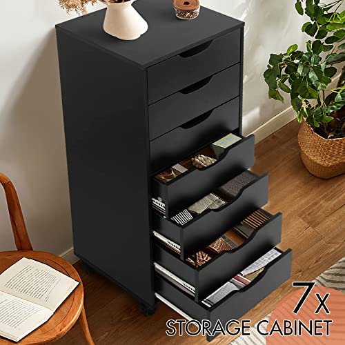 TUSY 7-Drawer Chest, Storage Dresser Cabinet with Wheels, Tall Chest of Drawers for Closet and Bedroom (Black, 7 Drawer)