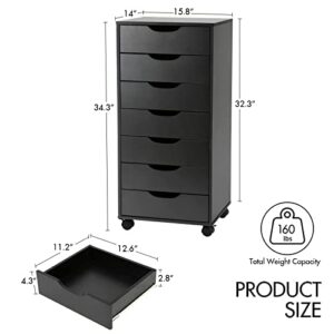 TUSY 7-Drawer Chest, Storage Dresser Cabinet with Wheels, Tall Chest of Drawers for Closet and Bedroom (Black, 7 Drawer)