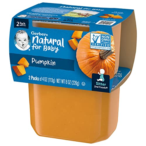 Gerber Natural for Baby 2nd Foods Baby Food Tubs, Pumpkin, Non-GMO Pureed Baby Food for Sitters, Made with Real Fruit, 2 - 4 Ounce Tubs Per Pack (Pack of 4)