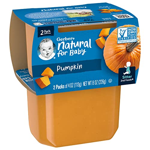 Gerber Natural for Baby 2nd Foods Baby Food Tubs, Pumpkin, Non-GMO Pureed Baby Food for Sitters, Made with Real Fruit, 2 - 4 Ounce Tubs Per Pack (Pack of 4)