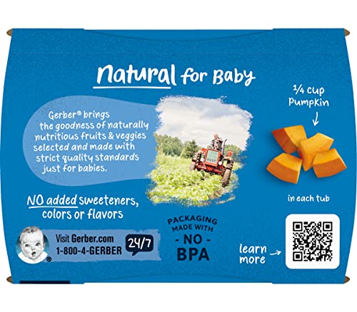 Gerber Natural for Baby 2nd Foods Baby Food Tubs, Pumpkin, Non-GMO Pureed Baby Food for Sitters, Made with Real Fruit, 2 - 4 Ounce Tubs Per Pack (Pack of 4)