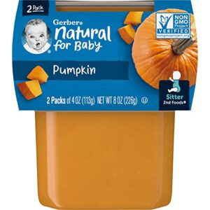 Gerber Natural for Baby 2nd Foods Baby Food Tubs, Pumpkin, Non-GMO Pureed Baby Food for Sitters, Made with Real Fruit, 2 - 4 Ounce Tubs Per Pack (Pack of 4)