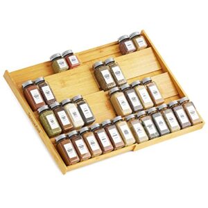 spaceaid bamboo spice drawer organizer, expandable 4 tier spices rack for cabinet drawer, kitchen seasoning storage drawer insert organization (jars not included, from 12″ to 23″ wide)