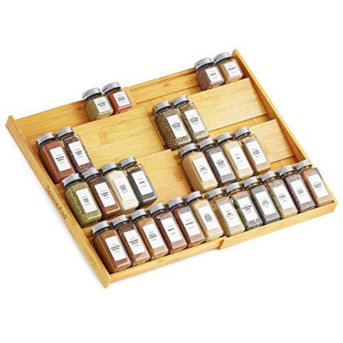 SpaceAid Bamboo Spice Drawer Organizer, Expandable 4 Tier Spices Rack for Cabinet Drawer, Kitchen Seasoning Storage Drawer Insert Organization (Jars Not Included, From 12" to 23" Wide)