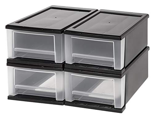 IRIS USA 7 Qt. Plastic Stackable Storage Drawers, Small, 4 Pack, Multi-Purpose Bins for Bedroom, Bathroom, Closet, Craft Room, Garage, Kids Room, Office, Pantry, Under Sink, Black