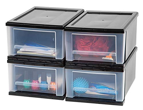 IRIS USA 7 Qt. Plastic Stackable Storage Drawers, Small, 4 Pack, Multi-Purpose Bins for Bedroom, Bathroom, Closet, Craft Room, Garage, Kids Room, Office, Pantry, Under Sink, Black