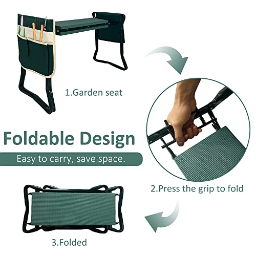 LUCKYERMORE Garden Kneeler and Seat Heavy Duty Gardening Bench for Kneeling and Sitting Folding Garden Stools with Two Tool Pouches and Widen Soft Kneeling Pad