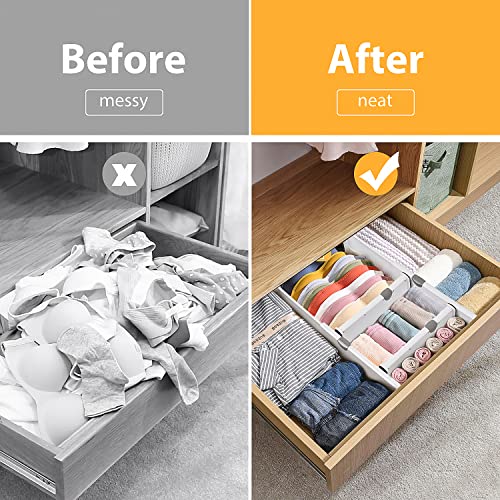 JONYJ Drawer Dividers Organizer 4 Pack, Adjustable Separators 4" High Expandable from 11-17" for Bedroom, Bathroom, Closet,Clothing, Office, Kitchen Storage, Strong Secure Hold, Foam Ends（White）