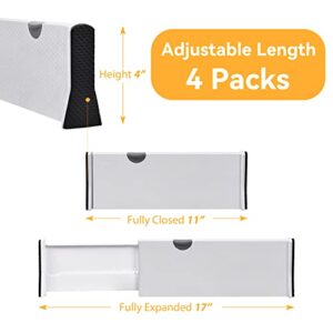 JONYJ Drawer Dividers Organizer 4 Pack, Adjustable Separators 4" High Expandable from 11-17" for Bedroom, Bathroom, Closet,Clothing, Office, Kitchen Storage, Strong Secure Hold, Foam Ends（White）