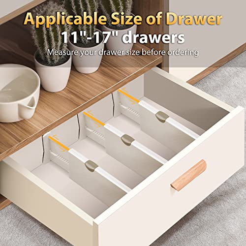 JONYJ Drawer Dividers Organizer 4 Pack, Adjustable Separators 4" High Expandable from 11-17" for Bedroom, Bathroom, Closet,Clothing, Office, Kitchen Storage, Strong Secure Hold, Foam Ends（White）