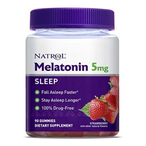 natrol melatonin sleep aid gummy, fall asleep faster, stay asleep longer, 100% drug and gelatin free, non-gmo, 5mg, 90 strawberry flavored gummies