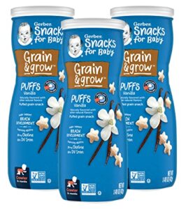 gerber snacks for baby grain & grow puffs, vanilla, puffed grain snack for crawlers, non-gmo baby snack, baby-led friendly, 1.48-ounce canister (pack of 3)