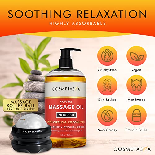 Natural Nourishing Massage Oil with Massage Roller Ball- Coconut & Citrus- Non Greasy, with Therapeutic Rejuvenating, Hydrating & Aromatic Essential Oils for Dry Skin, Soothes Muscles & Joints 8.8 oz