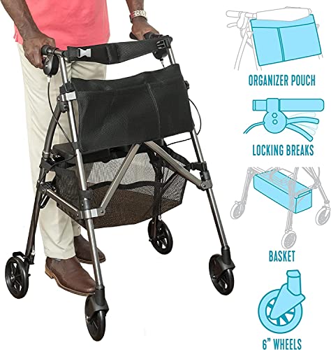 Stander EZ Fold-N-Go Rollator, Lightweight Folding Mobility Rolling Walker for Seniors and Adults, 6-inch Wheels, Locking Brakes, and Padded Seat with Backrest, Regal Rose