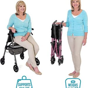 Stander EZ Fold-N-Go Rollator, Lightweight Folding Mobility Rolling Walker for Seniors and Adults, 6-inch Wheels, Locking Brakes, and Padded Seat with Backrest, Regal Rose