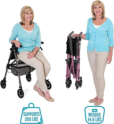 Stander EZ Fold-N-Go Rollator, Lightweight Folding Mobility Rolling Walker for Seniors and Adults, 6-inch Wheels, Locking Brakes, and Padded Seat with Backrest, Regal Rose