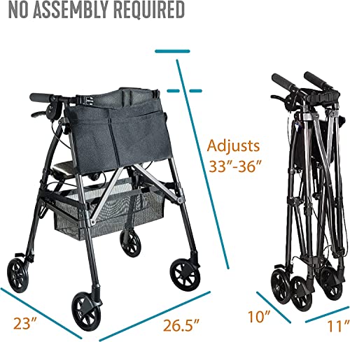 Stander EZ Fold-N-Go Rollator, Lightweight Folding Mobility Rolling Walker for Seniors and Adults, 6-inch Wheels, Locking Brakes, and Padded Seat with Backrest, Regal Rose