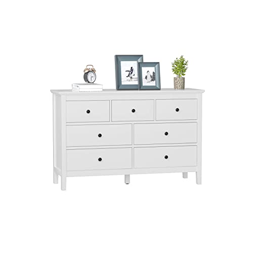 CARPETNAL White Dresser, Modern Dresser for Bedroom, 7 Drawer Double Dresser with Wide Drawer and Metal Handles, Wood Dressers & Chests of Drawers for Hallway, Entryway.