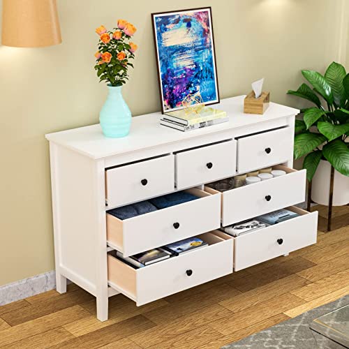 CARPETNAL White Dresser, Modern Dresser for Bedroom, 7 Drawer Double Dresser with Wide Drawer and Metal Handles, Wood Dressers & Chests of Drawers for Hallway, Entryway.