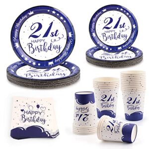 21st birthday decorations for her/him, 96pcs happy birthday plates and napkins navy blue party tableware set party supplies paper plates napkins cups 21st birthday plates – serves 24 guests