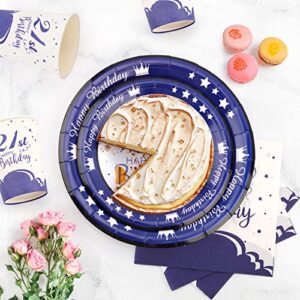 21st Birthday Decorations for Her/Him, 96pcs Happy Birthday Plates and Napkins Navy Blue Party Tableware Set Party Supplies Paper Plates Napkins Cups 21st Birthday Plates - Serves 24 Guests