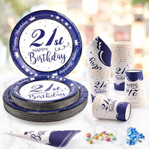 21st Birthday Decorations for Her/Him, 96pcs Happy Birthday Plates and Napkins Navy Blue Party Tableware Set Party Supplies Paper Plates Napkins Cups 21st Birthday Plates - Serves 24 Guests