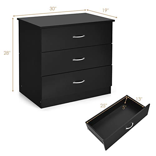 Giantex 3 Drawers Dresser Wood Dresser Chest W/Large Storage Space, Solid Wood Frame & Premium Metal Handle, Accent Furniture for Bedroom, Living Room, Closet, Entryway, Hallway Dresser (Black)