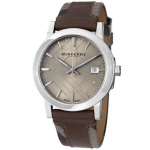 burberry men’s bu9020 large check leather on canvas strap watch