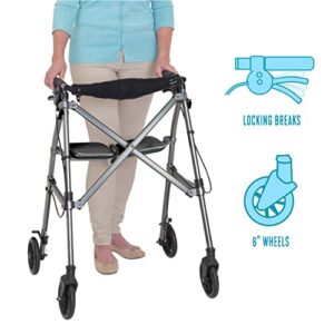 Able Life Space Saver Rollator, Lightweight Folding Mobility Rolling Walker for Seniors and Adults, 6-inch Wheels, Locking Brakes, and Padded Seat with Backrest, Regal Rose