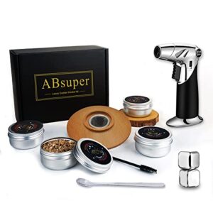 cocktail smoker kit with torch, old fashioned bourbon whiskey smoker kit with 4 flavour wood chips, drink smoking infuser kit with ice cubes, whiskey gifts for men, dad,husband,fathers day(no butane)