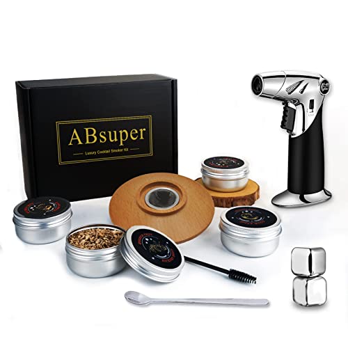 Cocktail Smoker Kit with Torch, Old Fashioned Bourbon Whiskey Smoker Kit with 4 Flavour Wood Chips, Drink Smoking Infuser Kit with Ice Cubes, Whiskey Gifts for Men, Dad,Husband,Fathers Day(No Butane)