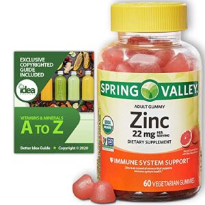 zinc adult organic vegetarian gummy, optimal immune system support, 22mg, 60ct bundle with exclusive “vitamins & minerals a to z” – better idea guide (2 items)