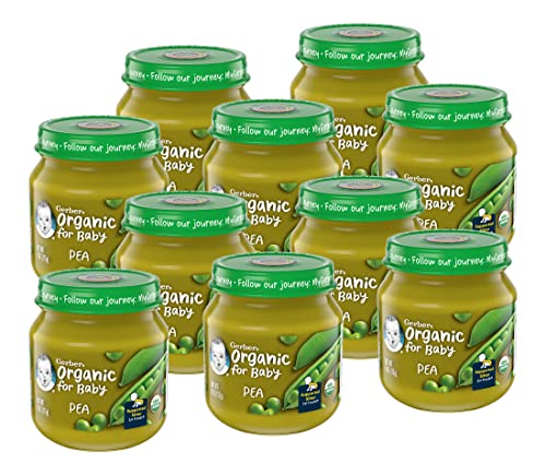 Gerber Organic for Baby 1st Foods Baby Food Jar, Pea, USDA Organic & Non-GMO Pureed Baby Food for Supported Sitters, 4-Ounce Glass Jar (Pack of 10 Jars)