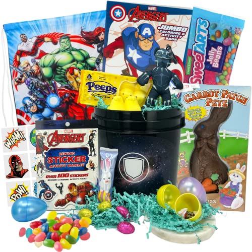 Avengers Easter Gift Basket For Kids Already Filled - Easter Care Package Gift Pack Bundle Prefilled With Easter Eggs Candy Chocolate for Boys Girls Young Children Toddlers Grandchildren