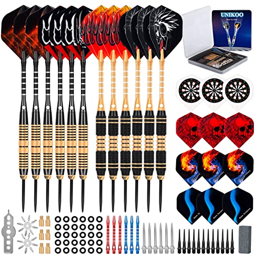 UNIKOO Darts Metal Tip Set, 12 Pcs Professional Steel Tip Darts with Aluminum Shafts and Brass Barrels, 20/22 Grams Metal Darts with Detachable Tips, Extra Soft Dart Tips, Flights, Sharpener Tool Kit