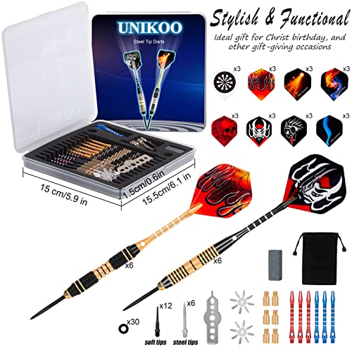 UNIKOO Darts Metal Tip Set, 12 Pcs Professional Steel Tip Darts with Aluminum Shafts and Brass Barrels, 20/22 Grams Metal Darts with Detachable Tips, Extra Soft Dart Tips, Flights, Sharpener Tool Kit