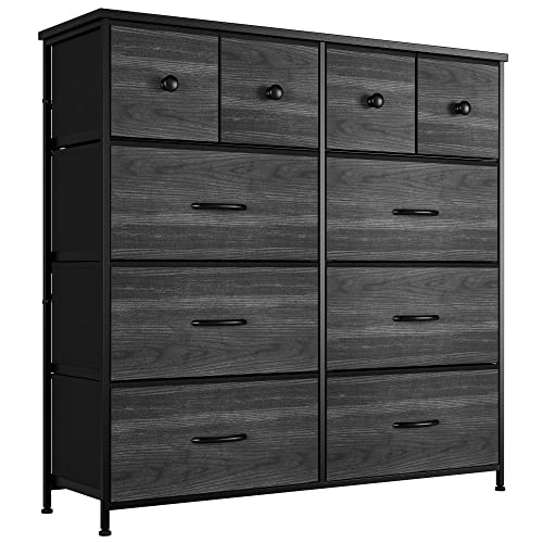 Nicehill Dresser for Bedroom with 10 Drawers, Storage Drawer Organizer, Tall Chest of Drawers for Closet, Clothes, Kids, Baby, Living Room, Wood Board, Fabric Drawers(Black Wood Grain)