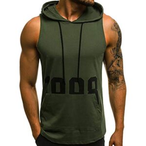 mens workout hooded tank tops fitness muscle print hoodies bodybuilding with pocket tight-drying tops (l, gray)