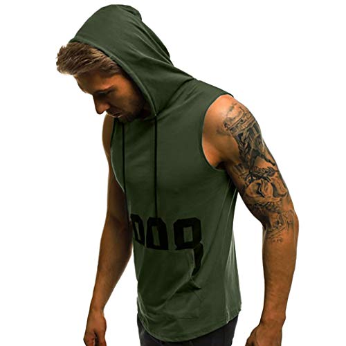 Mens Workout Hooded Tank Tops Fitness Muscle Print Hoodies Bodybuilding with Pocket Tight-Drying Tops (L, Gray)