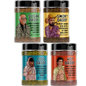 bbq rub dad gift set – sugar daddy, hot daddy, cool daddy, smoky daddy. barbecue seasoning, fathers day christmas stocking stuffers for dads birthday gifts for men valentines day gift for him