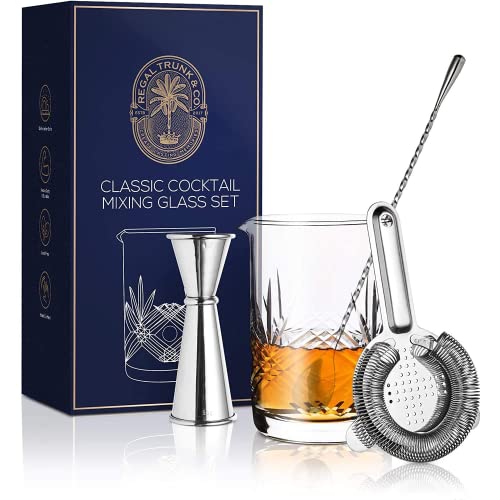 Cocktail Mixing Glass Set, Old Fashioned Kit : Stainless Steel Bar Spoon & Hawthorne Strainer & Japanese Jigger & Glass Polishing Cloth, Crystal Mixer Glass Yarai, Valentine's & Fathers Day Gifts