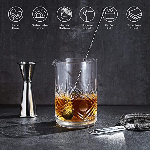 Cocktail Mixing Glass Set, Old Fashioned Kit : Stainless Steel Bar Spoon & Hawthorne Strainer & Japanese Jigger & Glass Polishing Cloth, Crystal Mixer Glass Yarai, Valentine's & Fathers Day Gifts