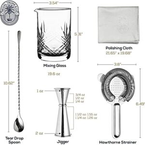 Cocktail Mixing Glass Set, Old Fashioned Kit : Stainless Steel Bar Spoon & Hawthorne Strainer & Japanese Jigger & Glass Polishing Cloth, Crystal Mixer Glass Yarai, Valentine's & Fathers Day Gifts