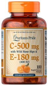 puritans pride vitmain c 500 mg & e 180 mg with rose hips for immune & antioxidant support by puritan’s pe for healthy skin and immune system support, 100 softgels