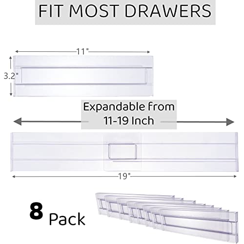 KIKILIE 8 Pack Clear Drawer Dividers, Expandable 11-19'' Dresser Organizers Transparent , for Clothing & Underwear, Plastic Dividers Clothes, (DD5250)