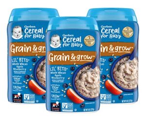 gerber cereal for baby grain & grow cereal, lil’ bits whole wheat apple blueberry cereal, non-gmo, for crawlers 8+ months, 8-ounce canister (pack of 3)