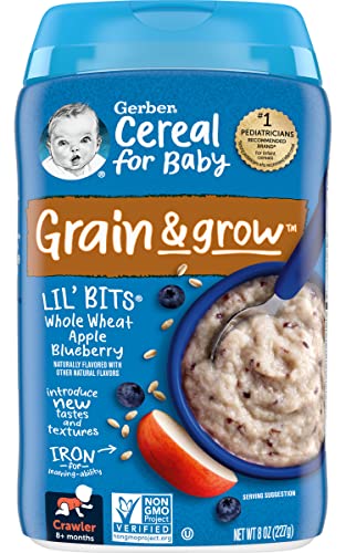 Gerber Cereal for Baby Grain & Grow Cereal, Lil’ Bits Whole Wheat Apple Blueberry Cereal, Non-GMO, For Crawlers 8+ Months, 8-Ounce Canister (Pack of 3)